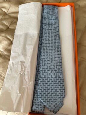 Hermes Light Blue Geometric Silk Tie